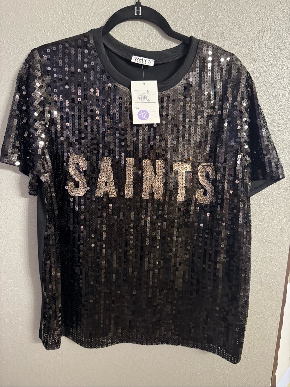 Black Sequin 'SAINTS' ladies top by WHY Size XL